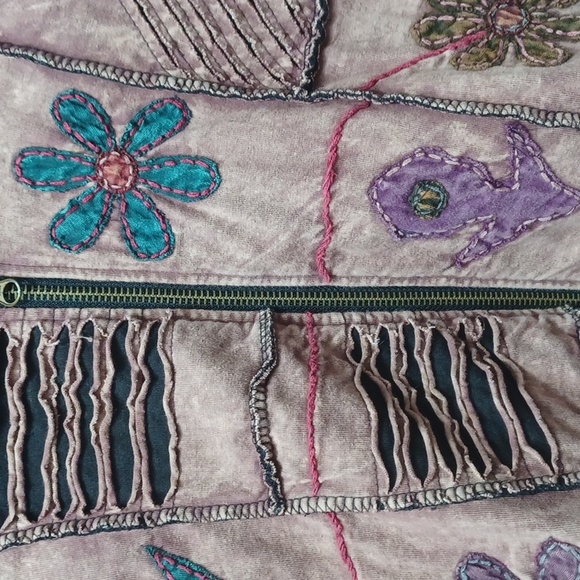 Rising International Boho Hoodie Jacket Coat Brown w Teal Purple Orange Cutouts - Picture 6 of 12